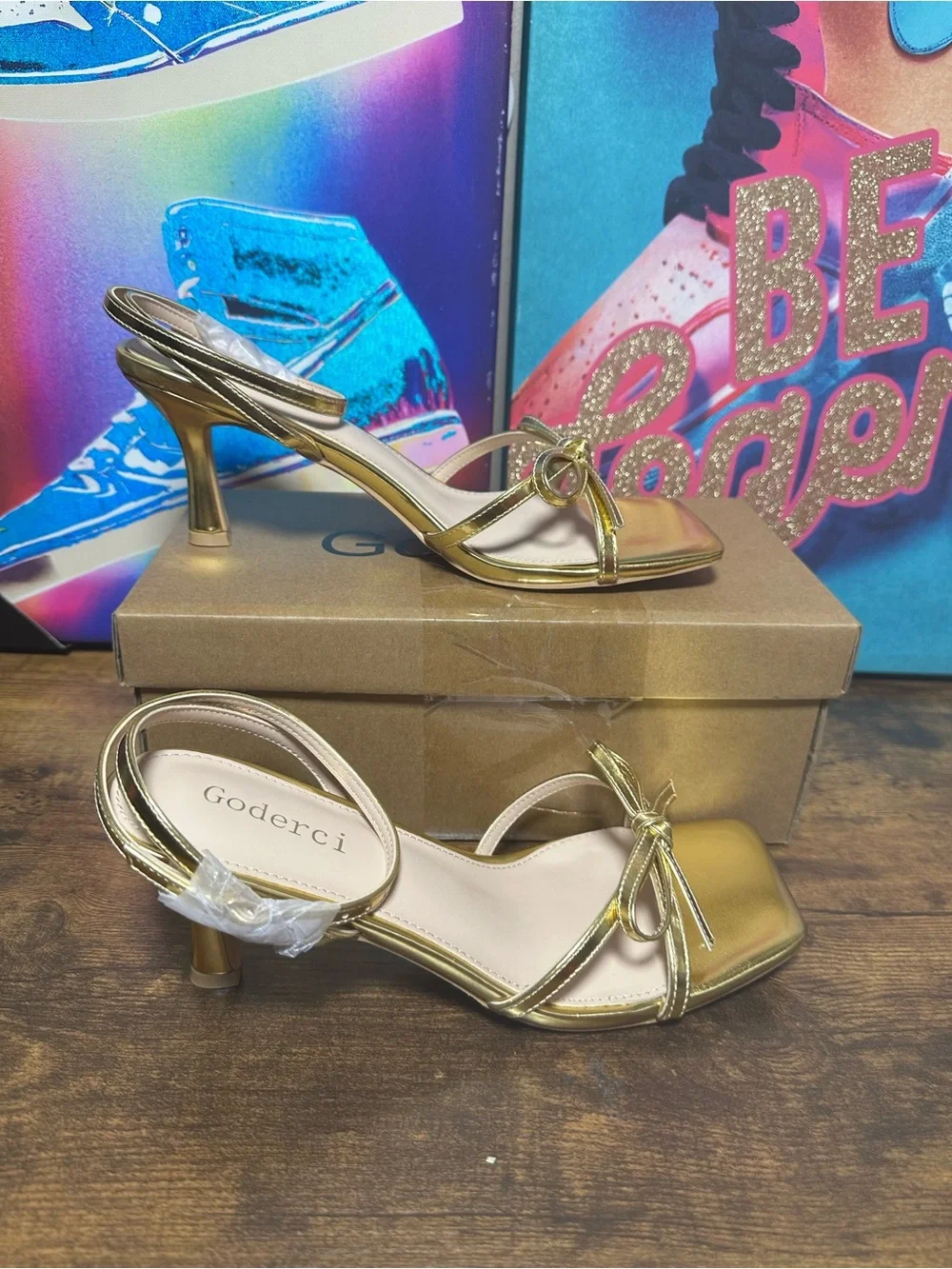 Goderci Kitten Heels with Bow Strappy Heels for Women size 7.5 Gold